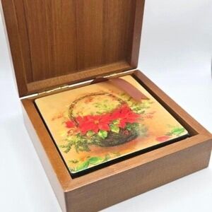 Vintage Mid-Century Wooden‎ Box Set of 6 Poinsettia Christmas Coasters Felt Back